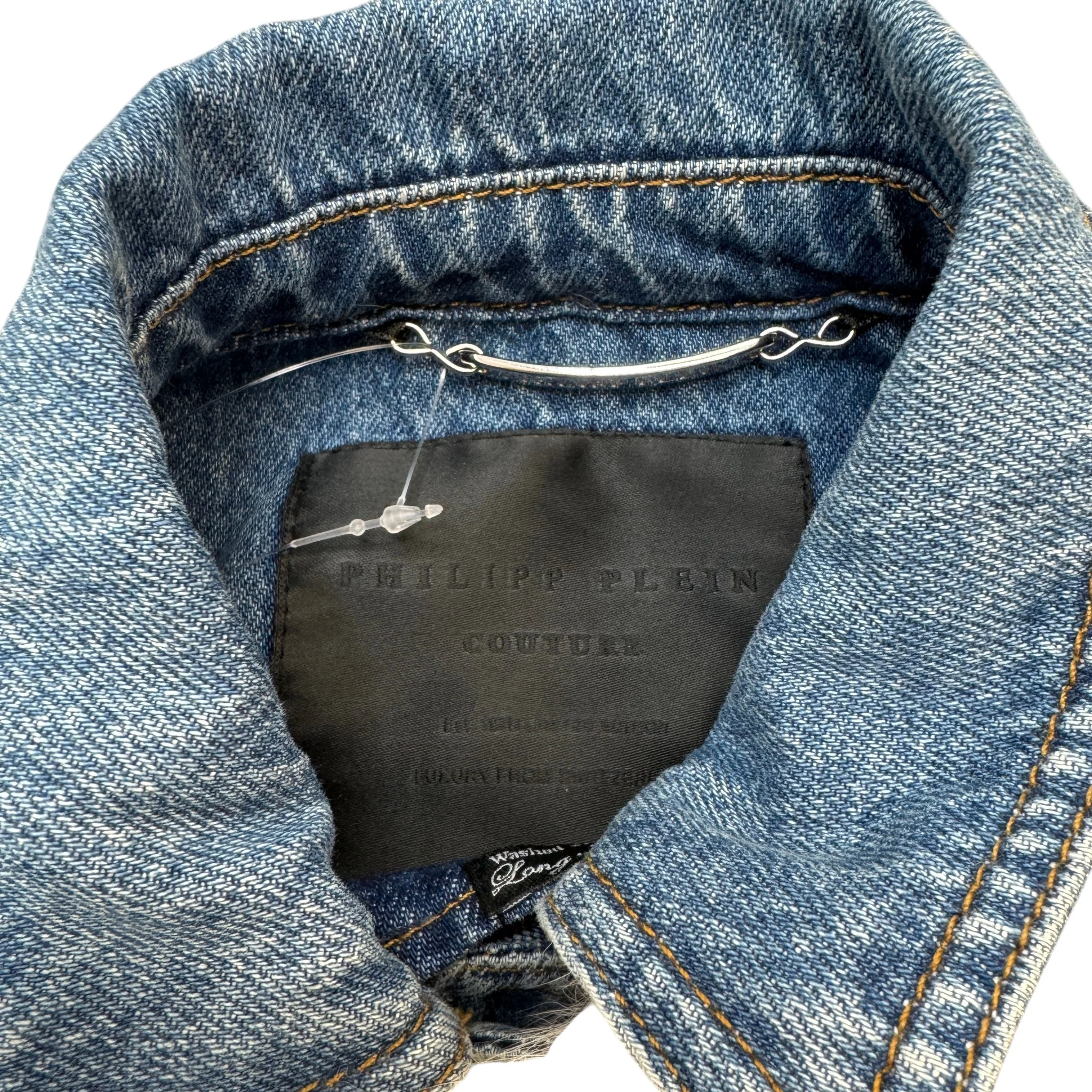 Women's Crystal Embellished Detachable Fur Collar Jacket Blue Size S - Image 7