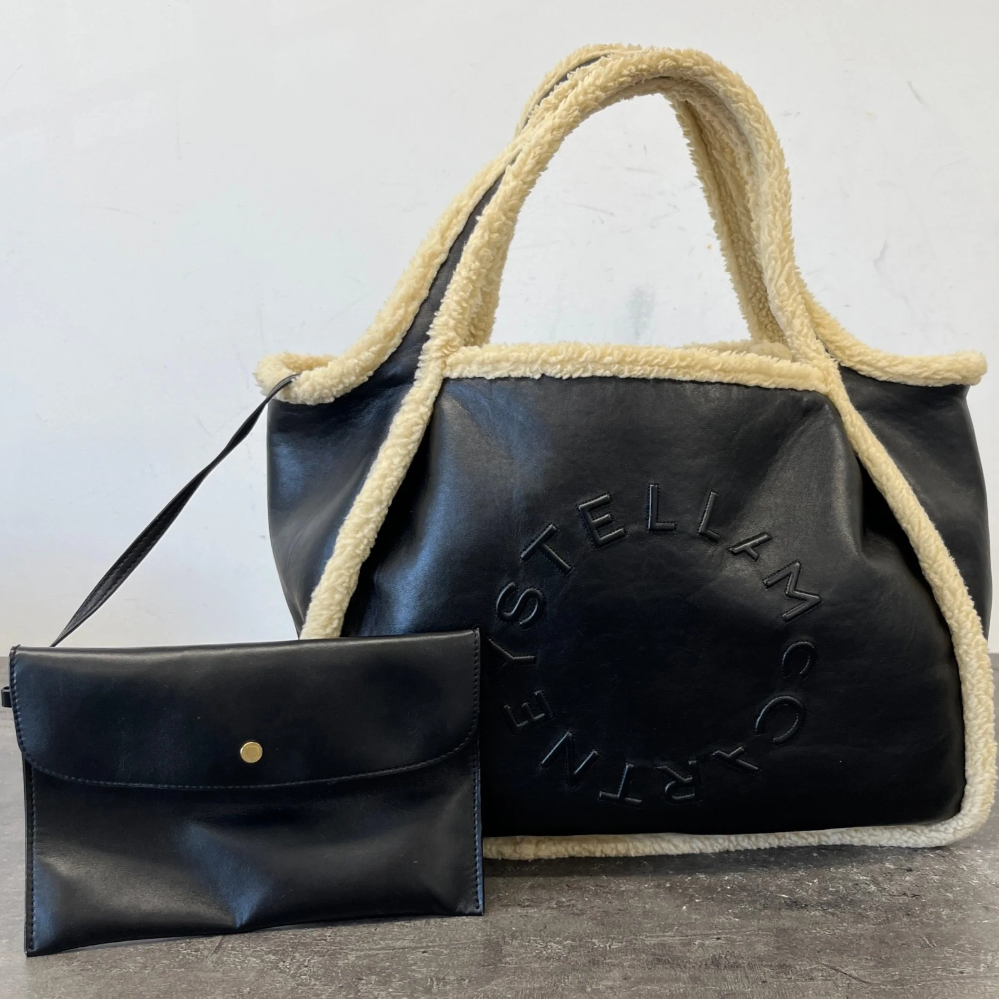 Women's Eco Logo Faux Shearling-Trimmed Bag Black - Image 15