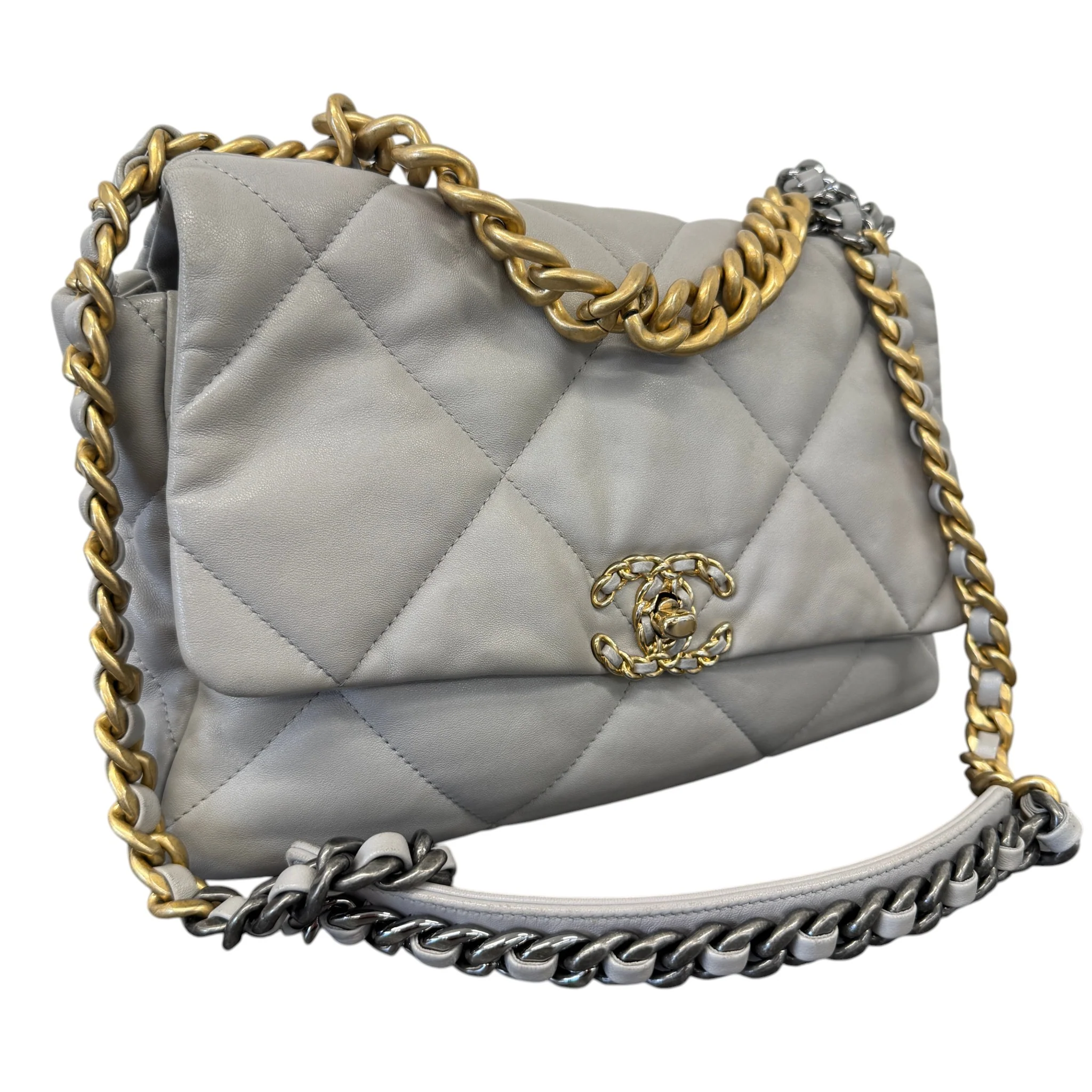 Women's Goatskin Quilted Medium 19 Flap Bag Grey - Image 4