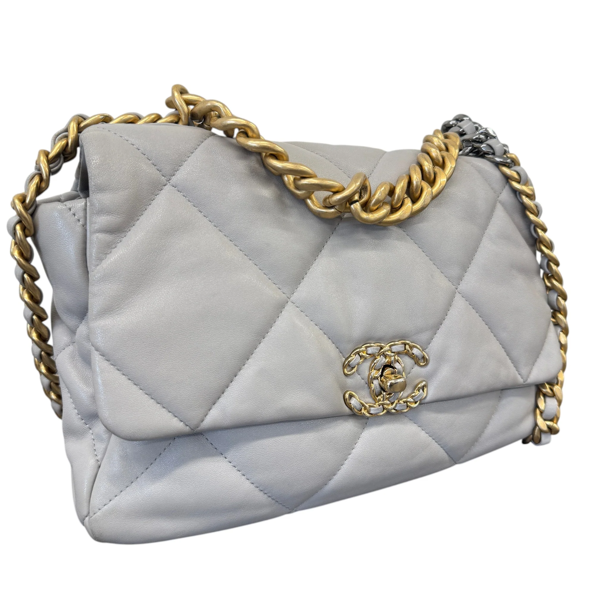 Women's Goatskin Quilted Medium 19 Flap Bag Grey - Image 5