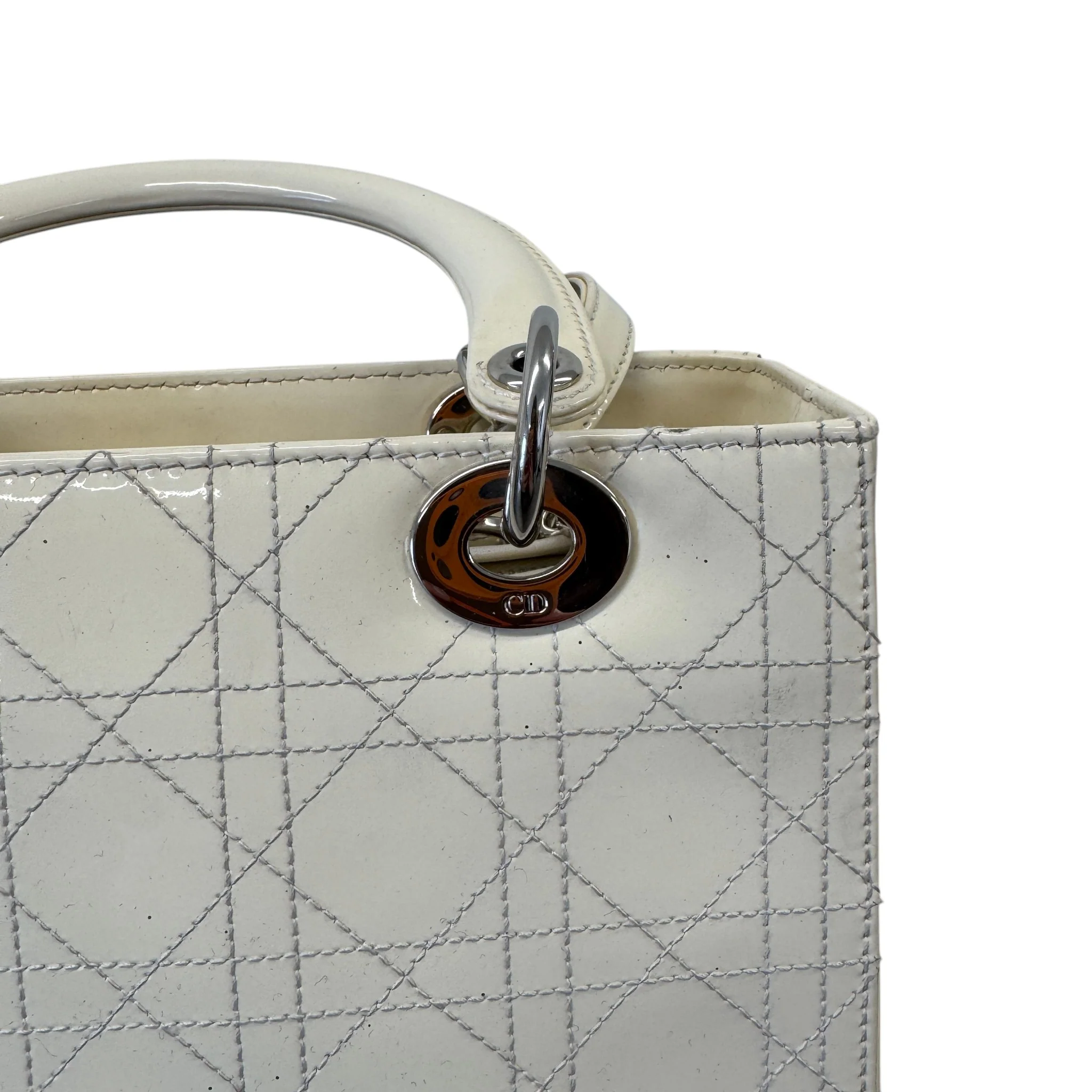 Women's Lady Dior Medium Patent Bag Cream - Image 10