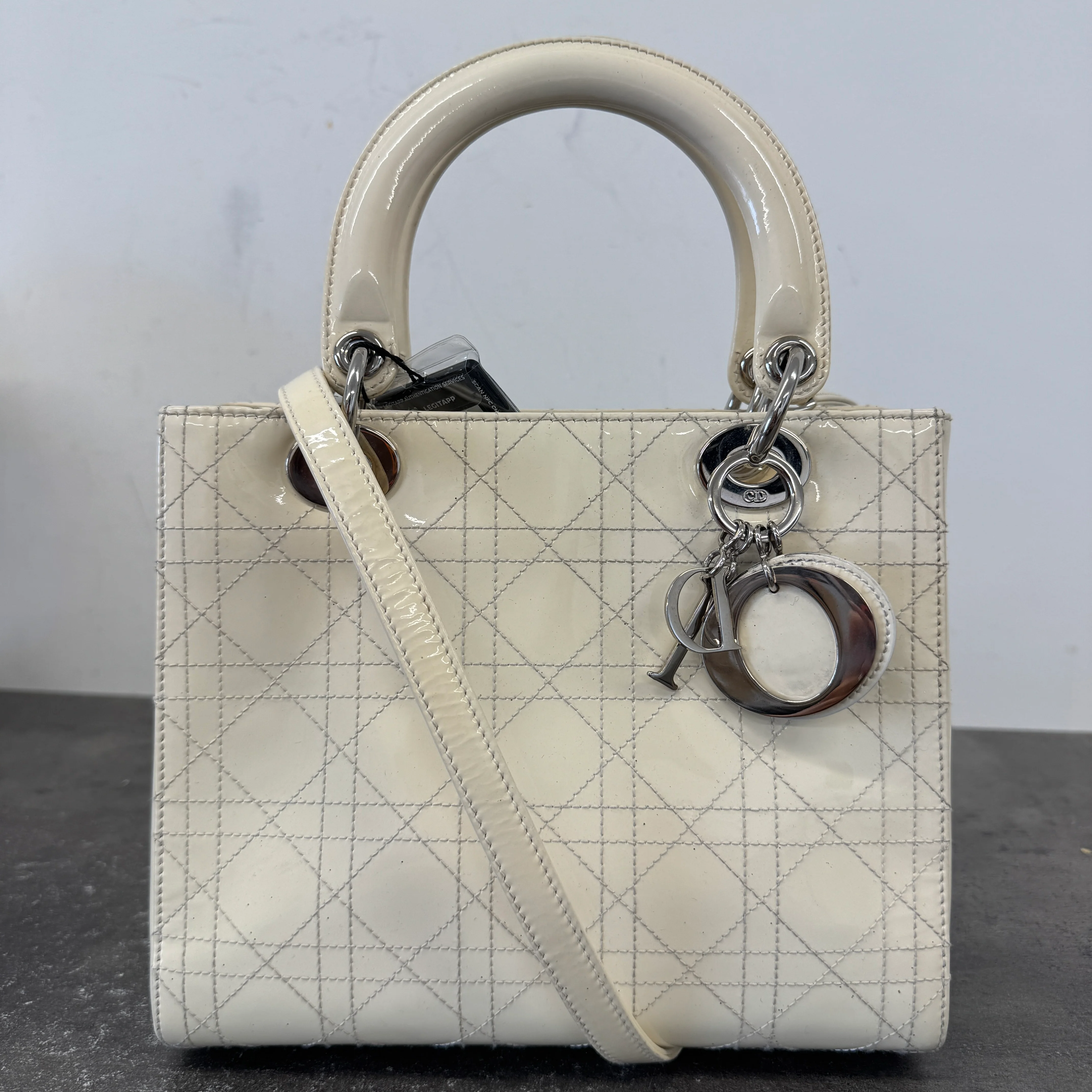 Women's Lady Dior Medium Patent Bag Cream - Image 13