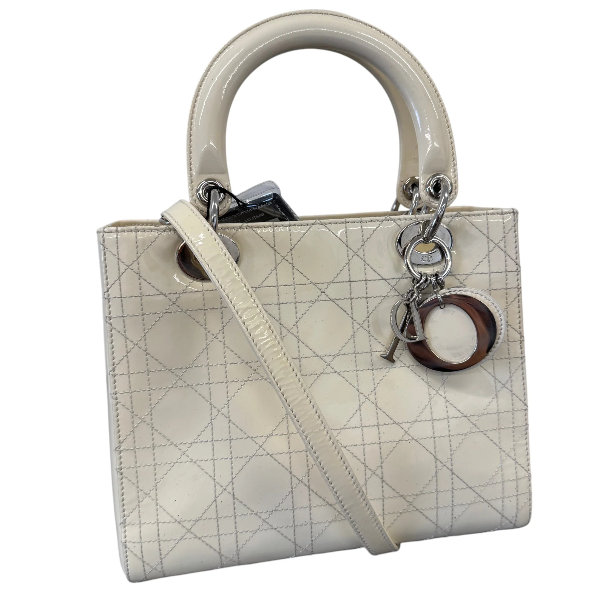 Women's Lady Dior Medium Patent Bag Cream - Image 4