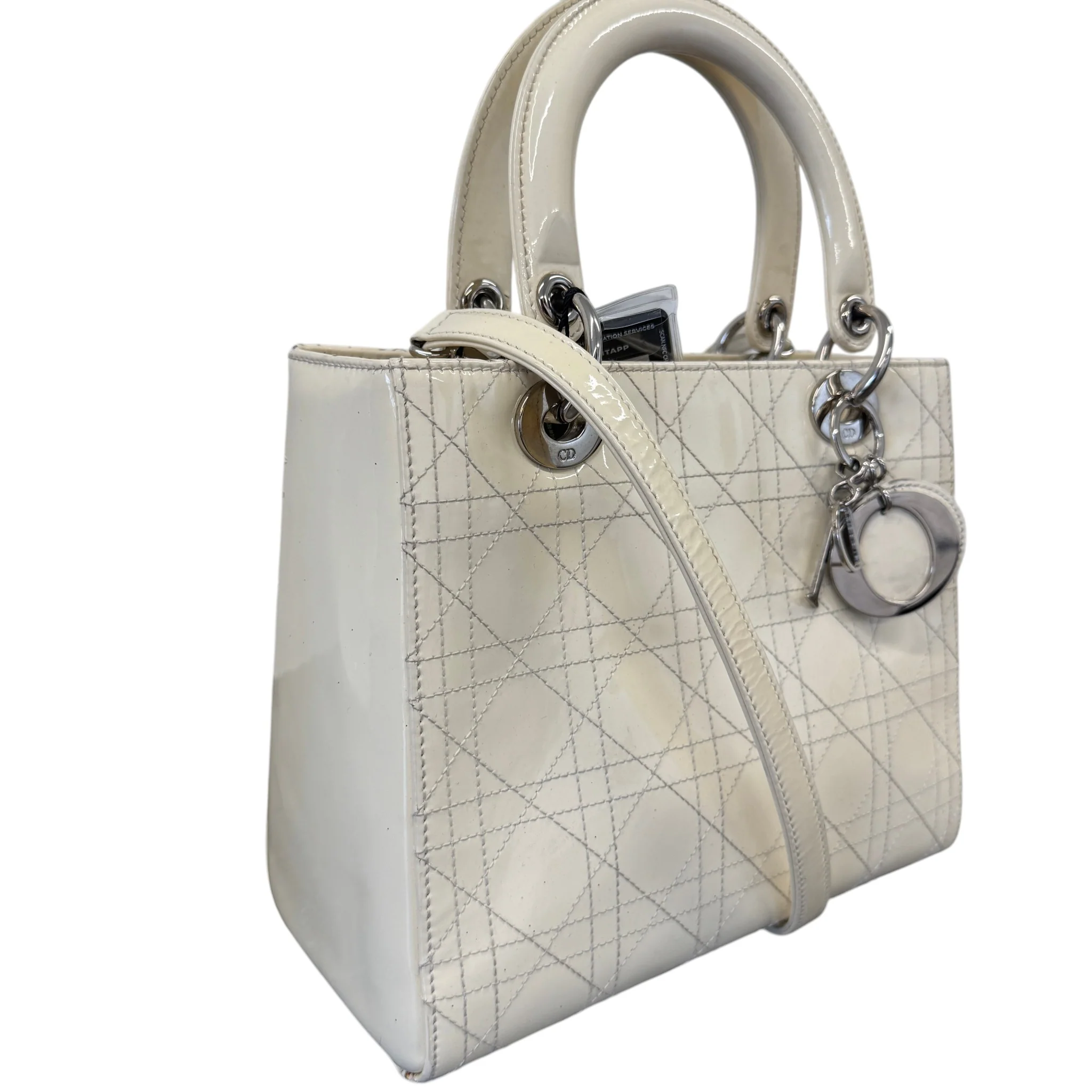 Women's Lady Dior Medium Patent Bag Cream - Image 5