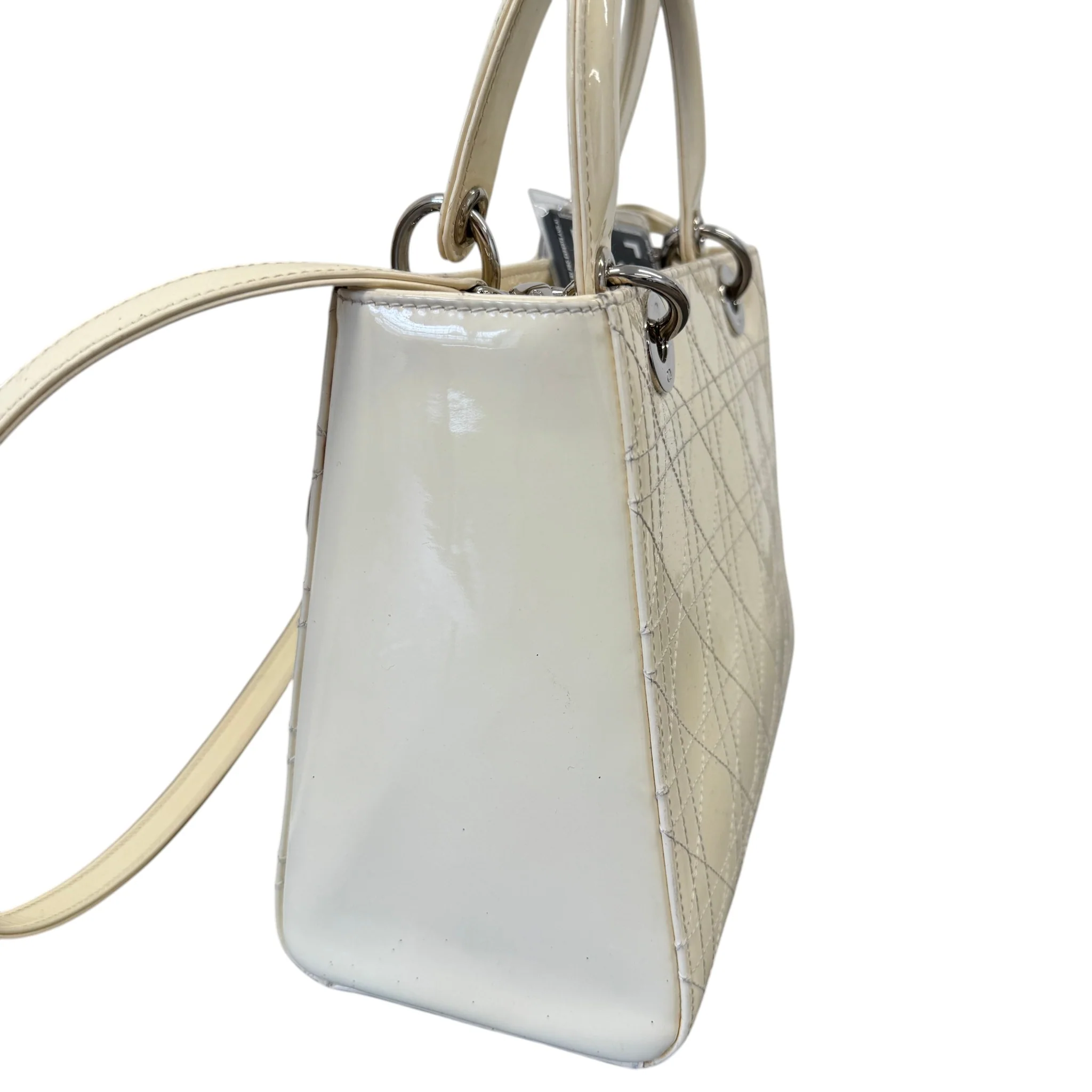 Women's Lady Dior Medium Patent Bag Cream - Image 7