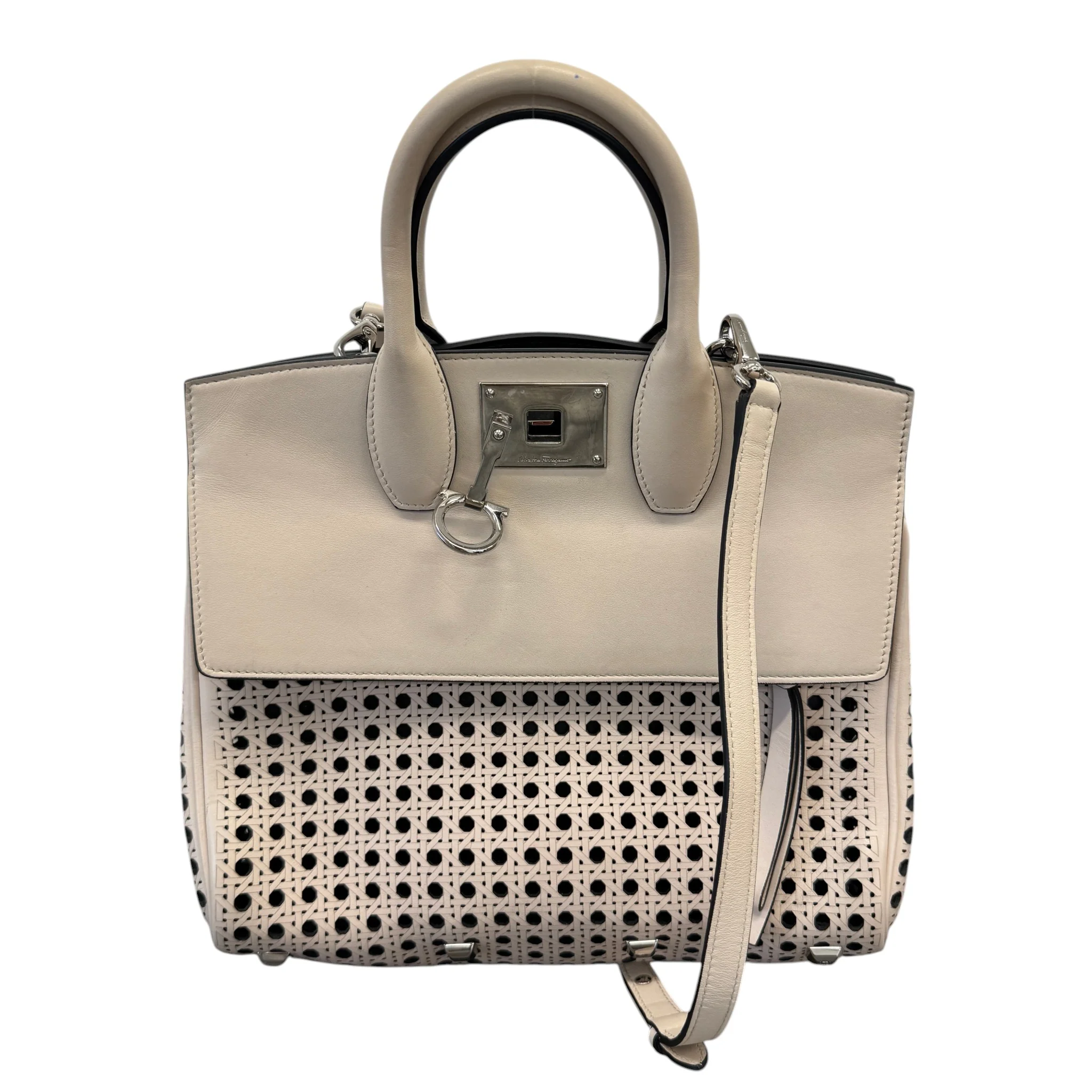 Women's Laser Cut Leather Studio Handbag Cream
