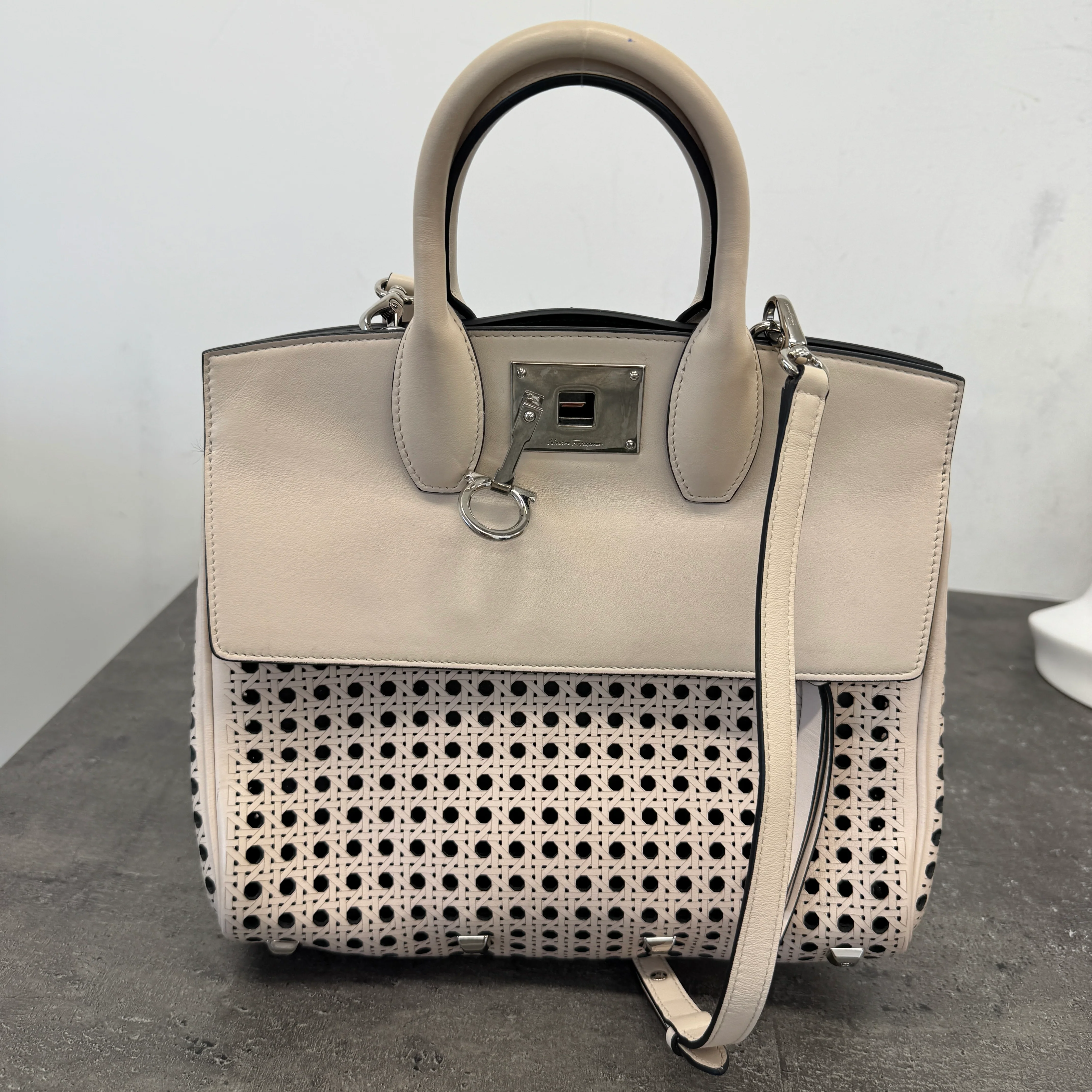 Women's Laser Cut Leather Studio Handbag Cream - Image 12