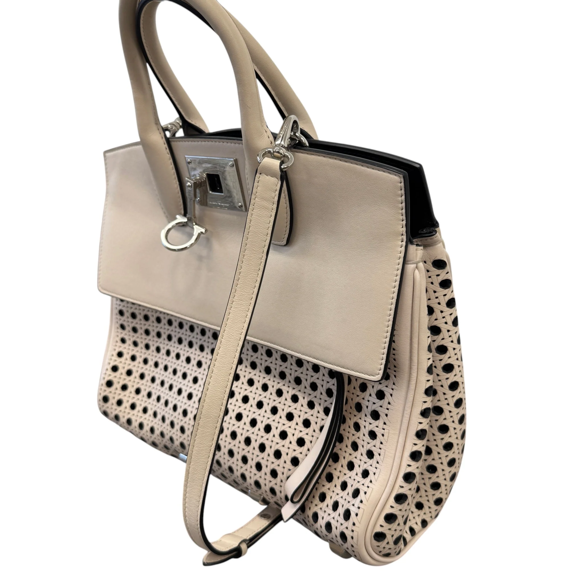 Women's Laser Cut Leather Studio Handbag Cream - Image 4