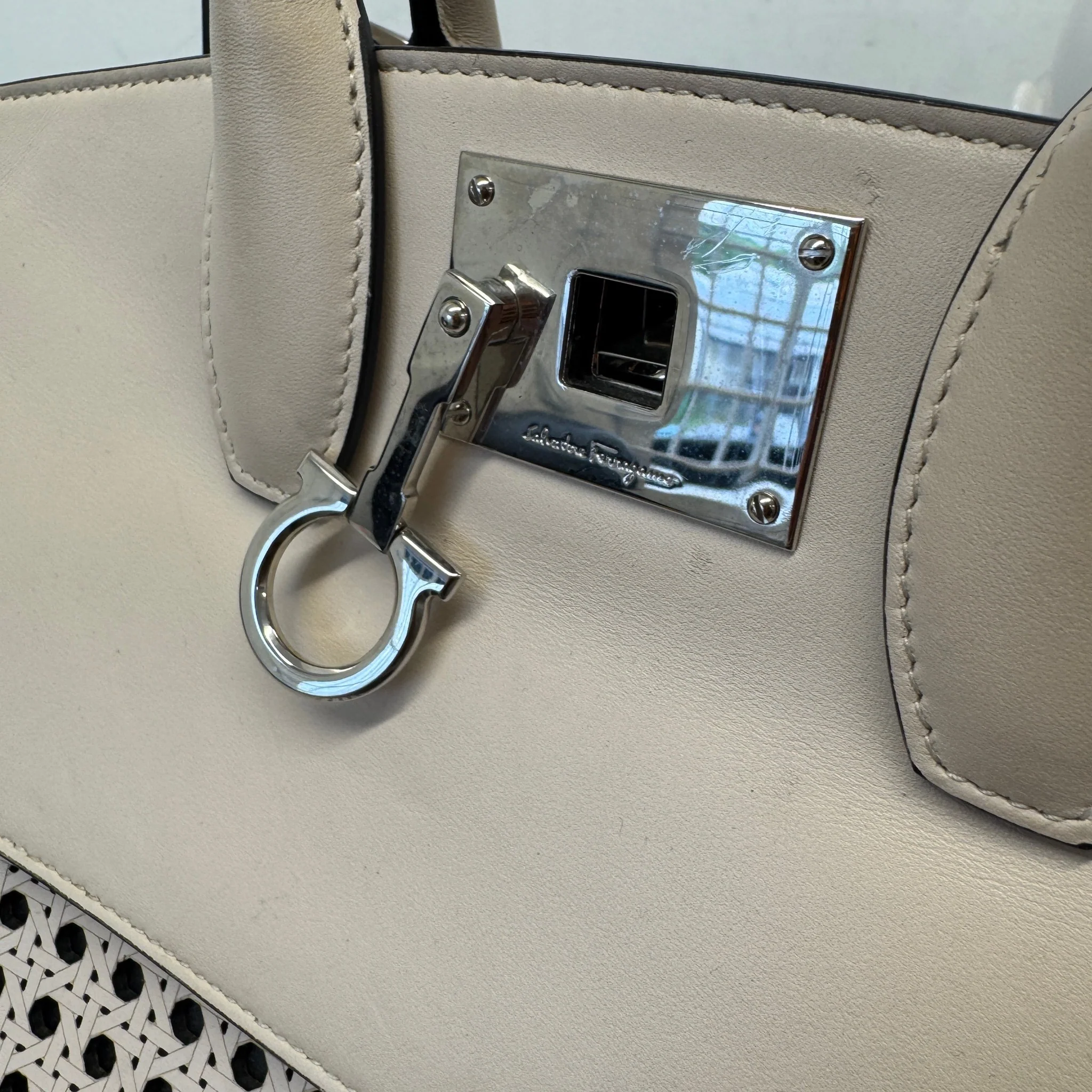 Women's Laser Cut Leather Studio Handbag Cream - Image 9