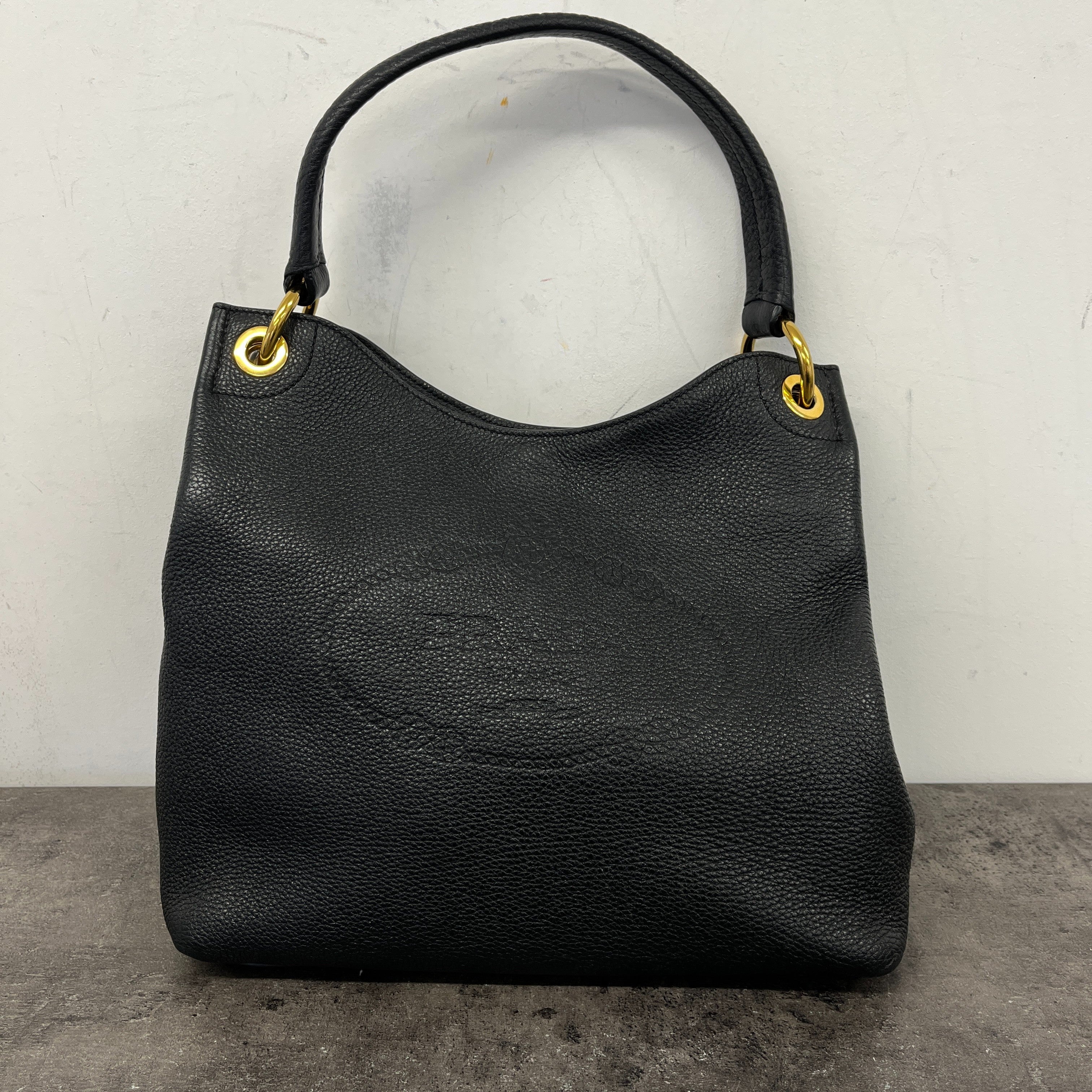 Women's Logo Embossed Vitello Daino Medium Handbag Black - Image 8