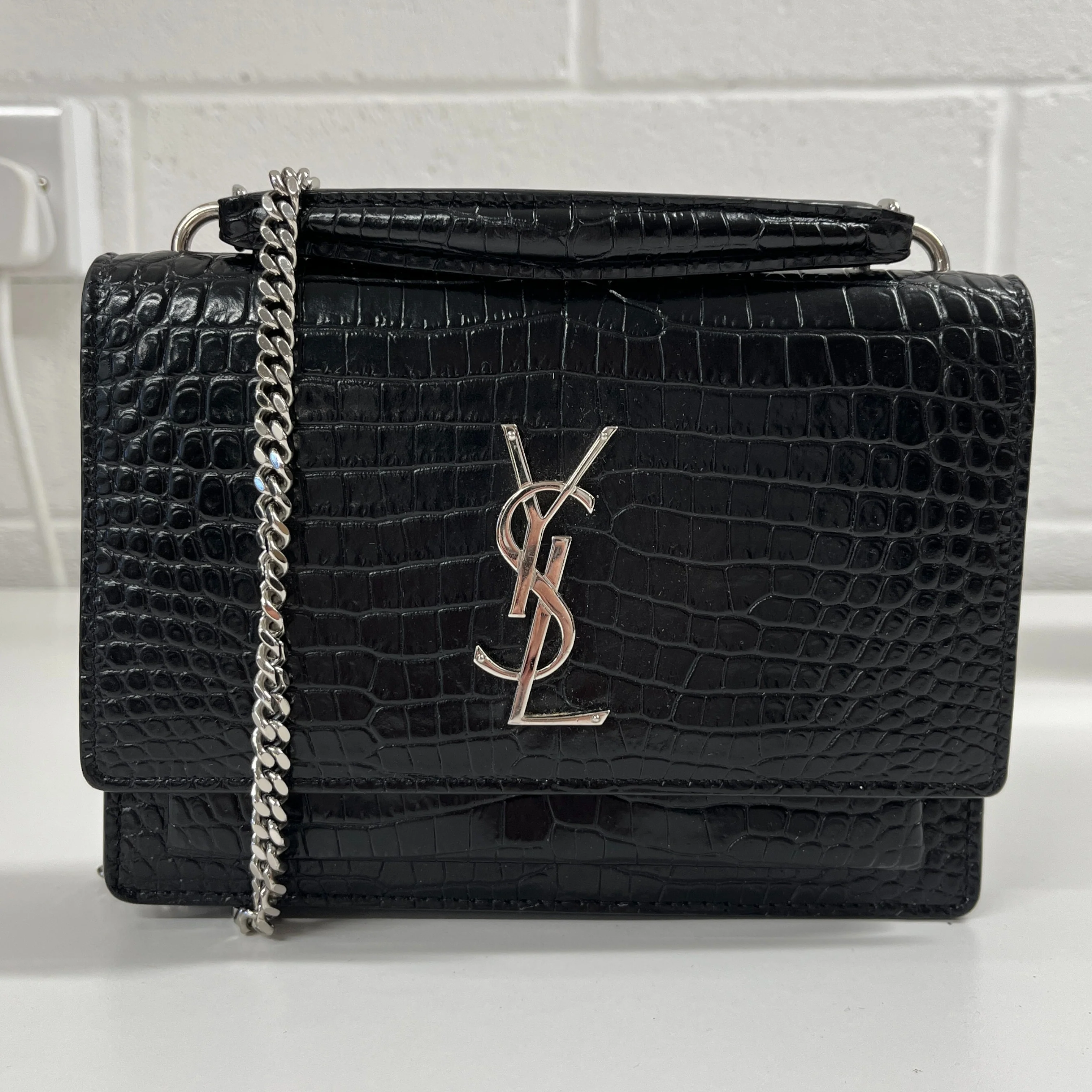 Women's Mini Sunset Croc Embossed Top Handle Bag Black - Image 8