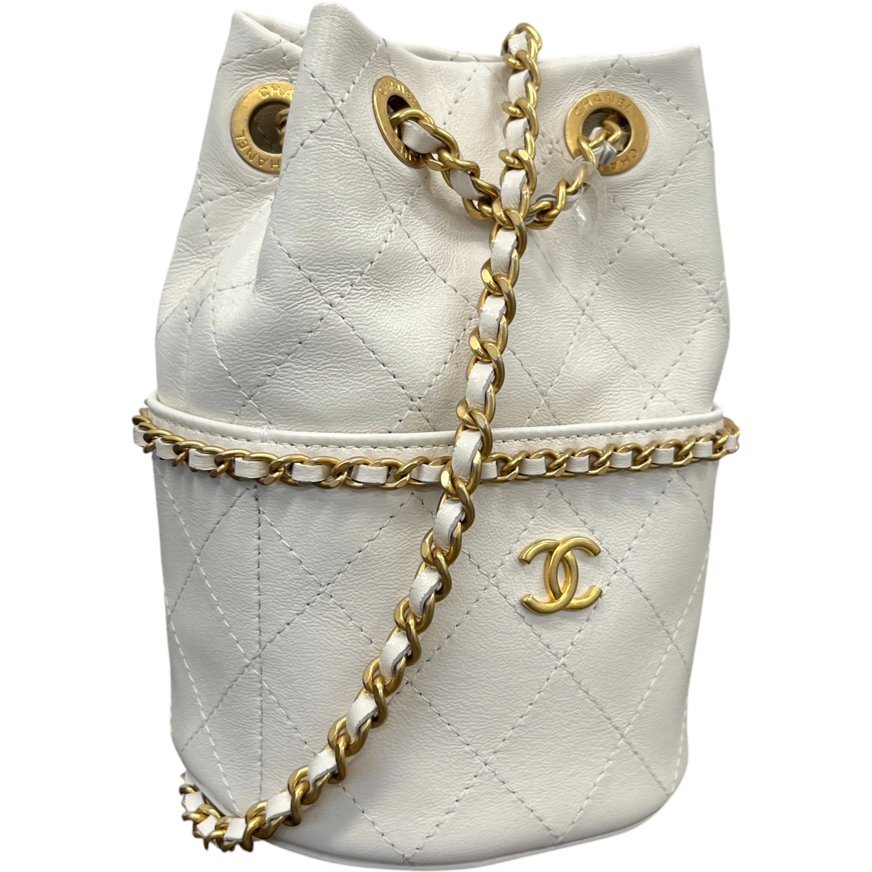 Women's Nauticoco Quilted Shiny Lambskin Mini Bucket Handbag White - Image 4