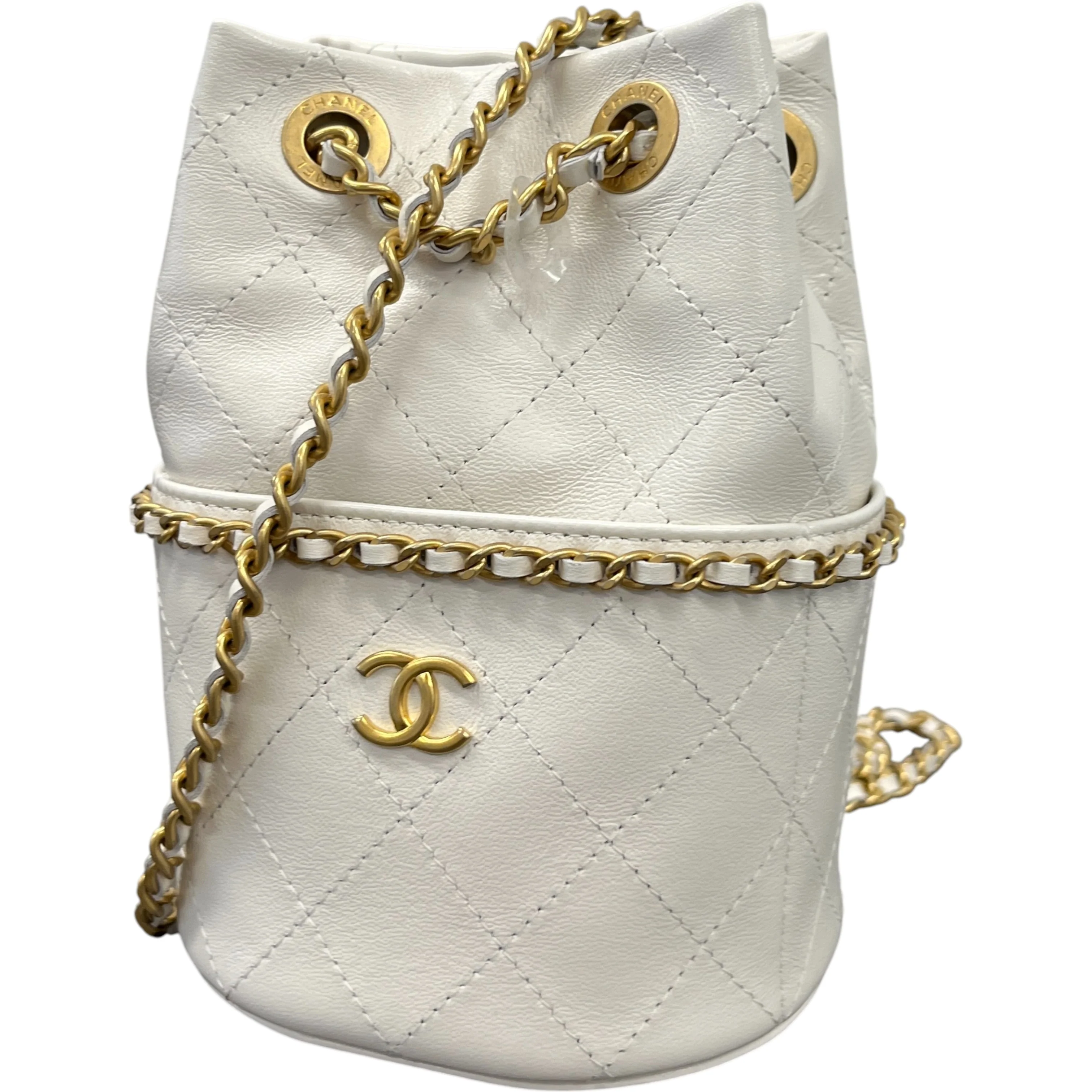 Women's Nauticoco Quilted Shiny Lambskin Mini Bucket Handbag White - Image 5