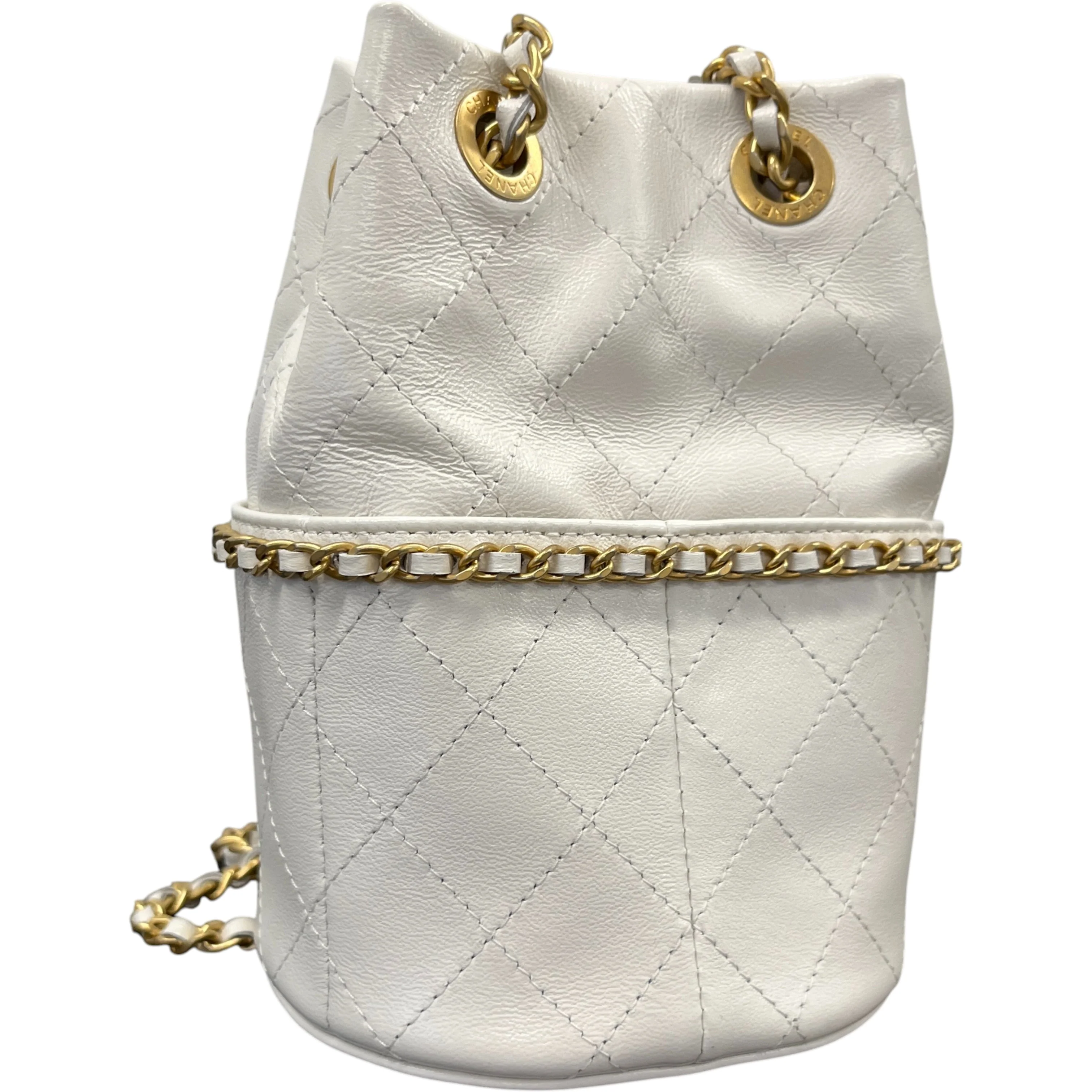 Women's Nauticoco Quilted Shiny Lambskin Mini Bucket Handbag White - Image 8