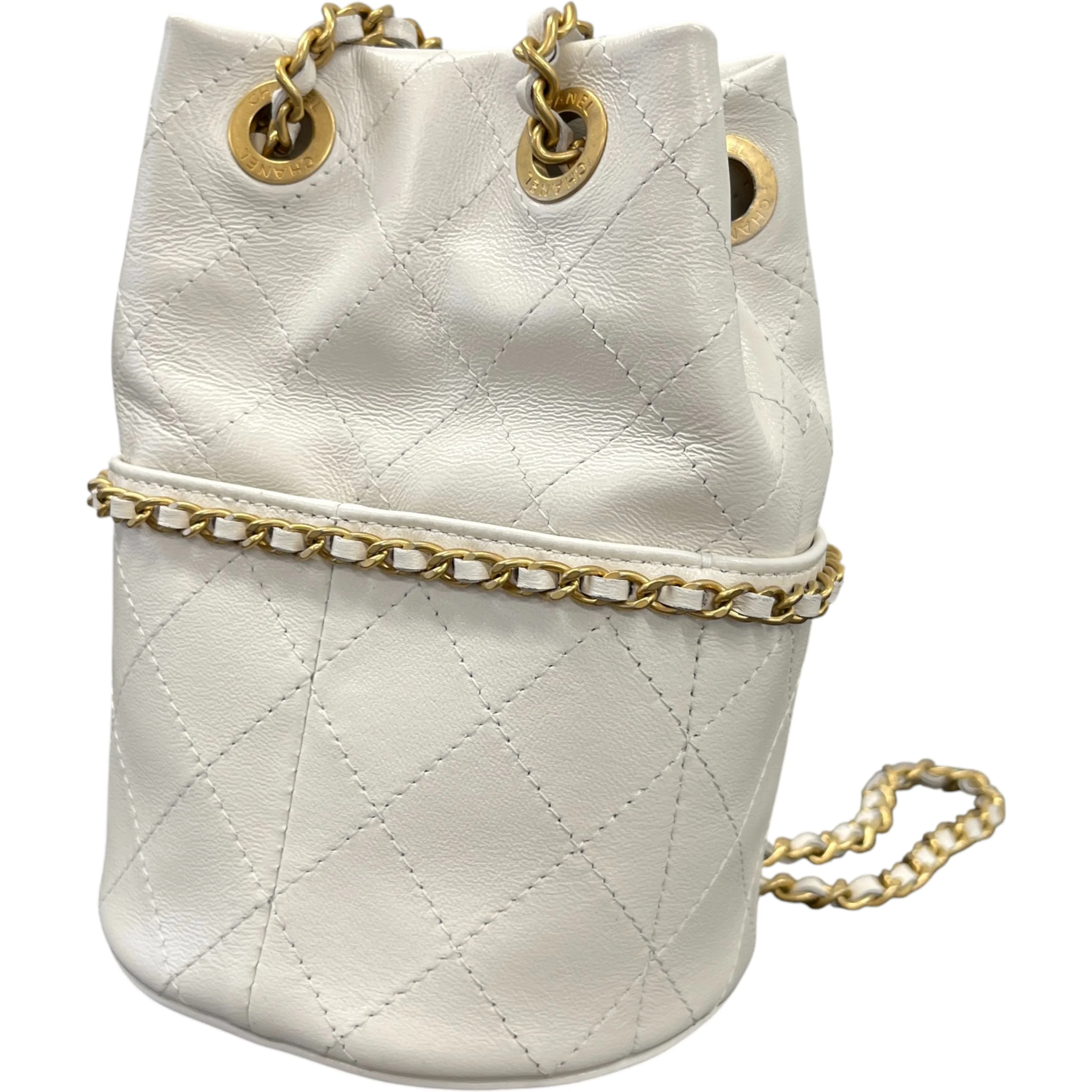 Women's Nauticoco Quilted Shiny Lambskin Mini Bucket Handbag White - Image 9