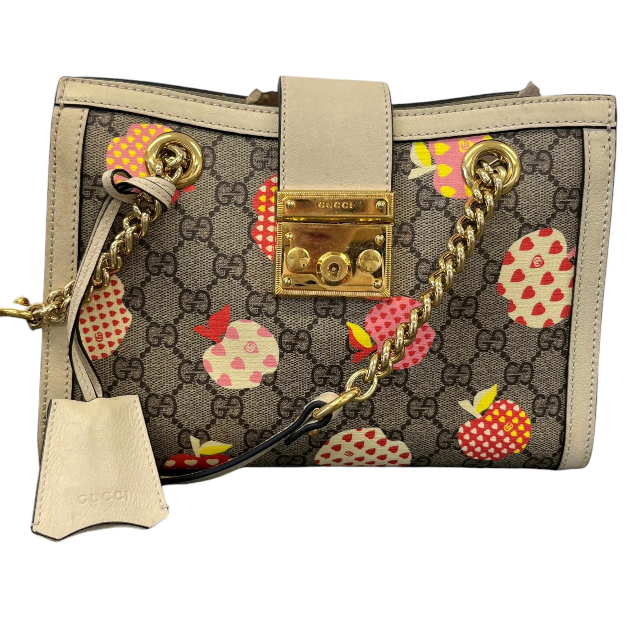Women's Small Gg Supreme Apple Heart Padlock Tote Bag Beige