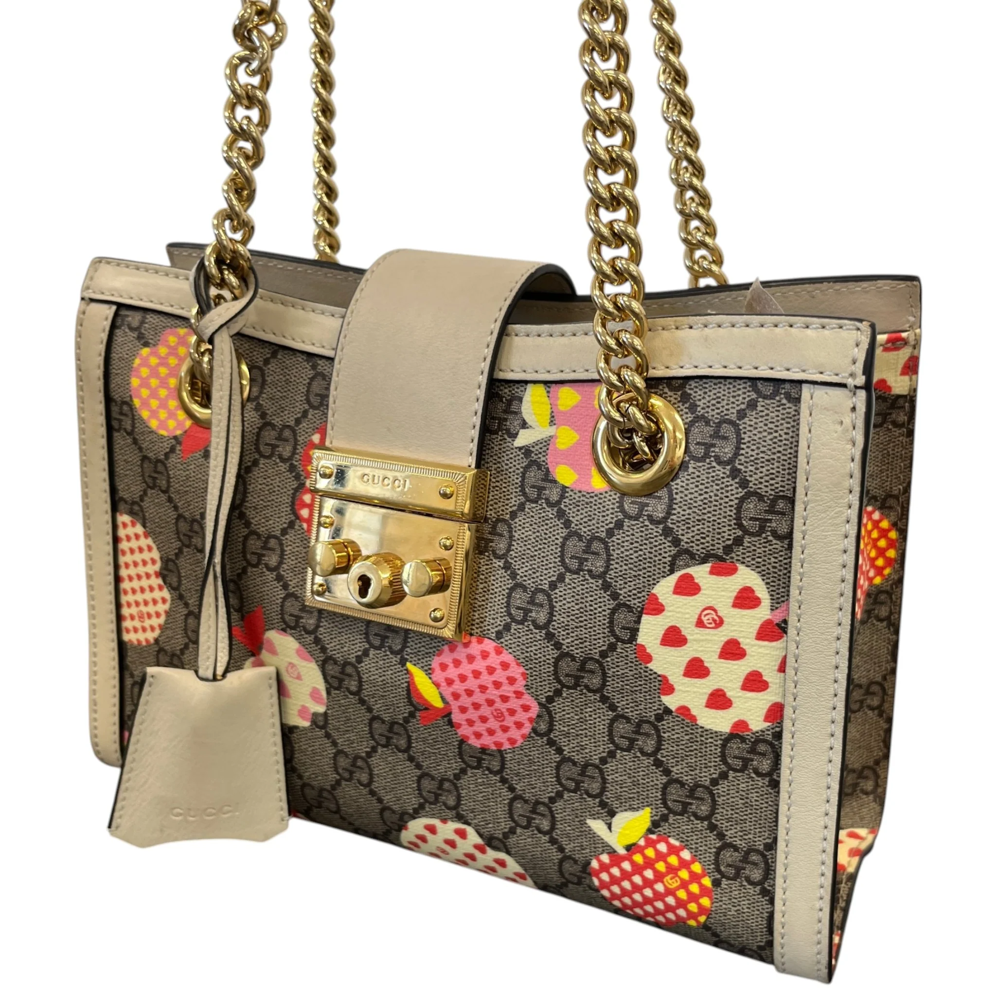Women's Small Gg Supreme Apple Heart Padlock Tote Bag Beige - Image 4