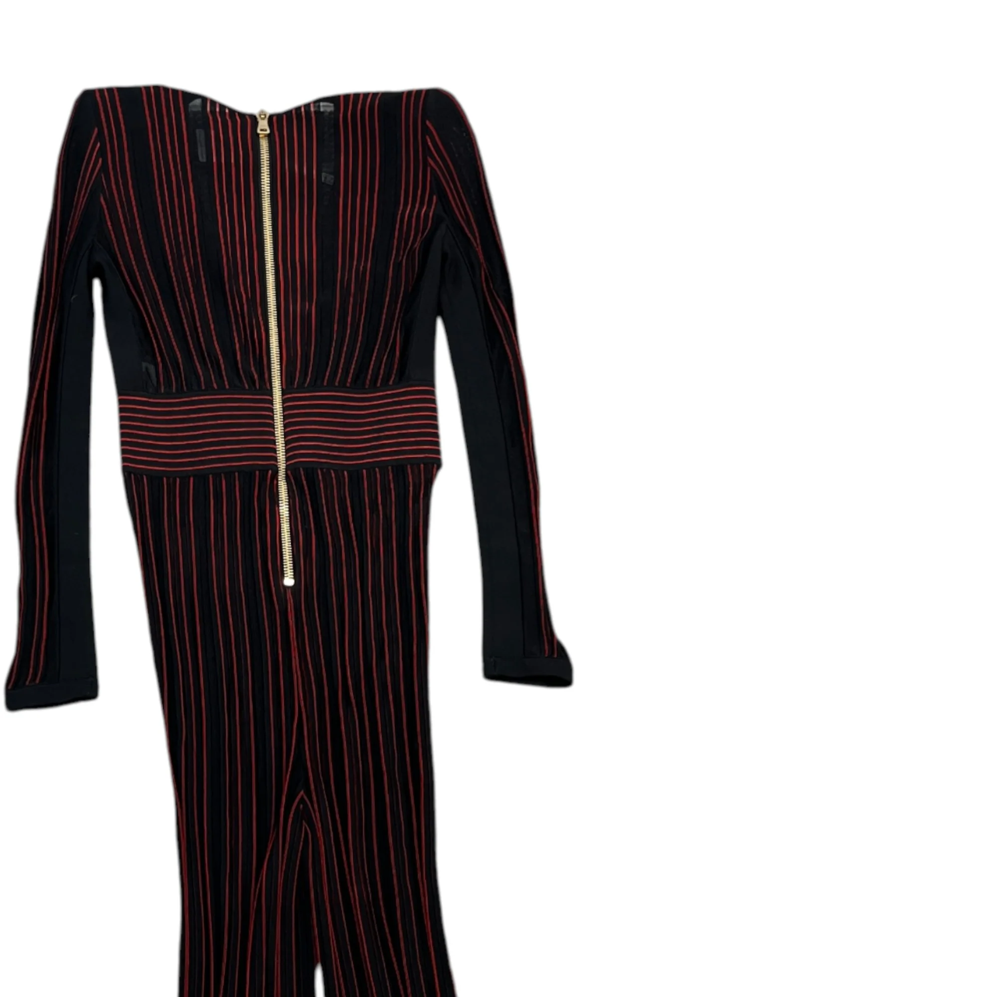 Women's Striped Stretch Sheer Jumpsuit Trousers Burgundy Size S - Image 4