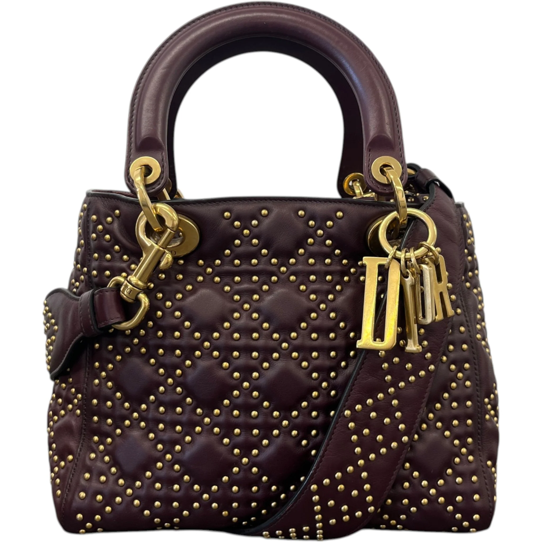 Women's Studded Cannage Lady Dior Handbag Burgundy