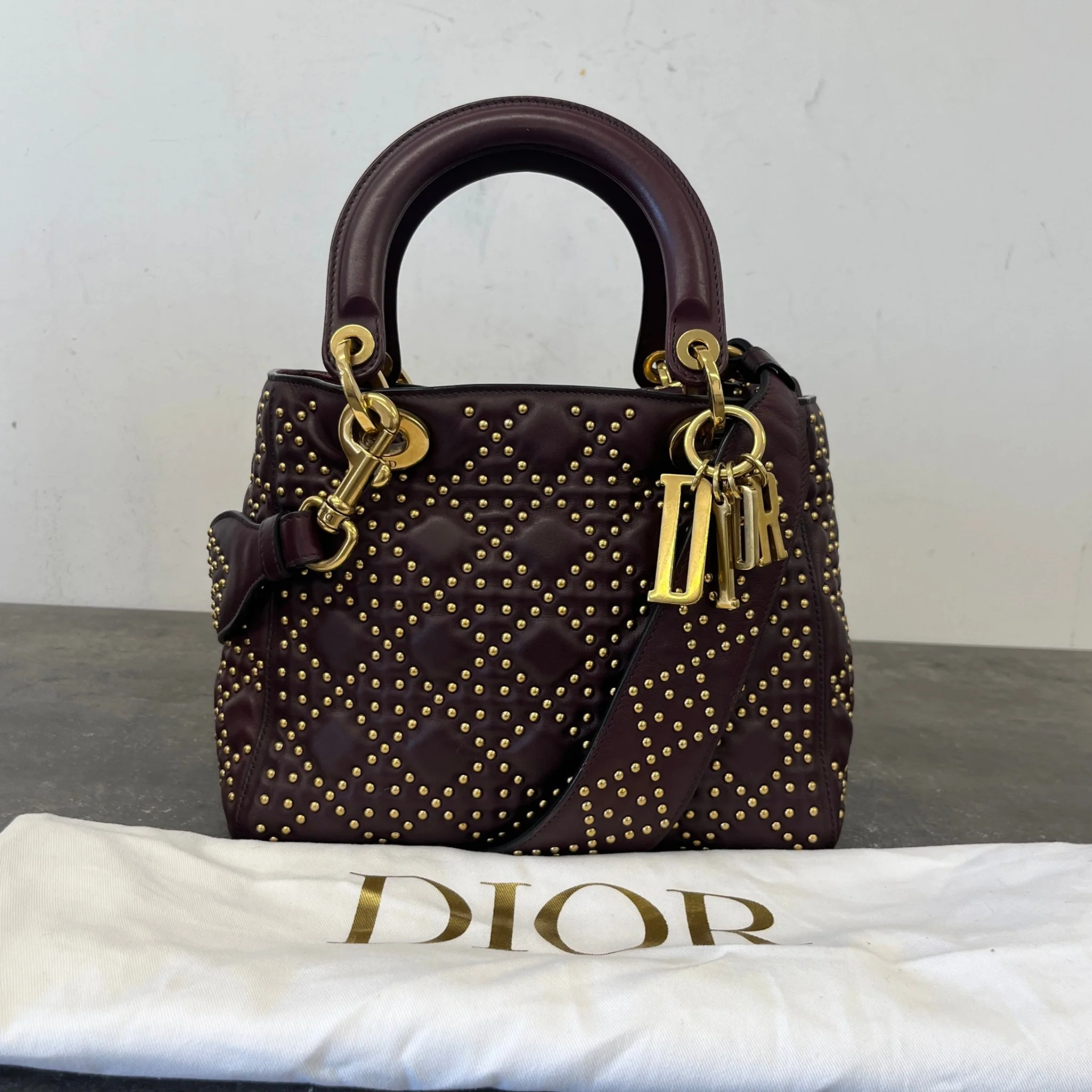 Women's Studded Cannage Lady Dior Handbag Burgundy - Image 14
