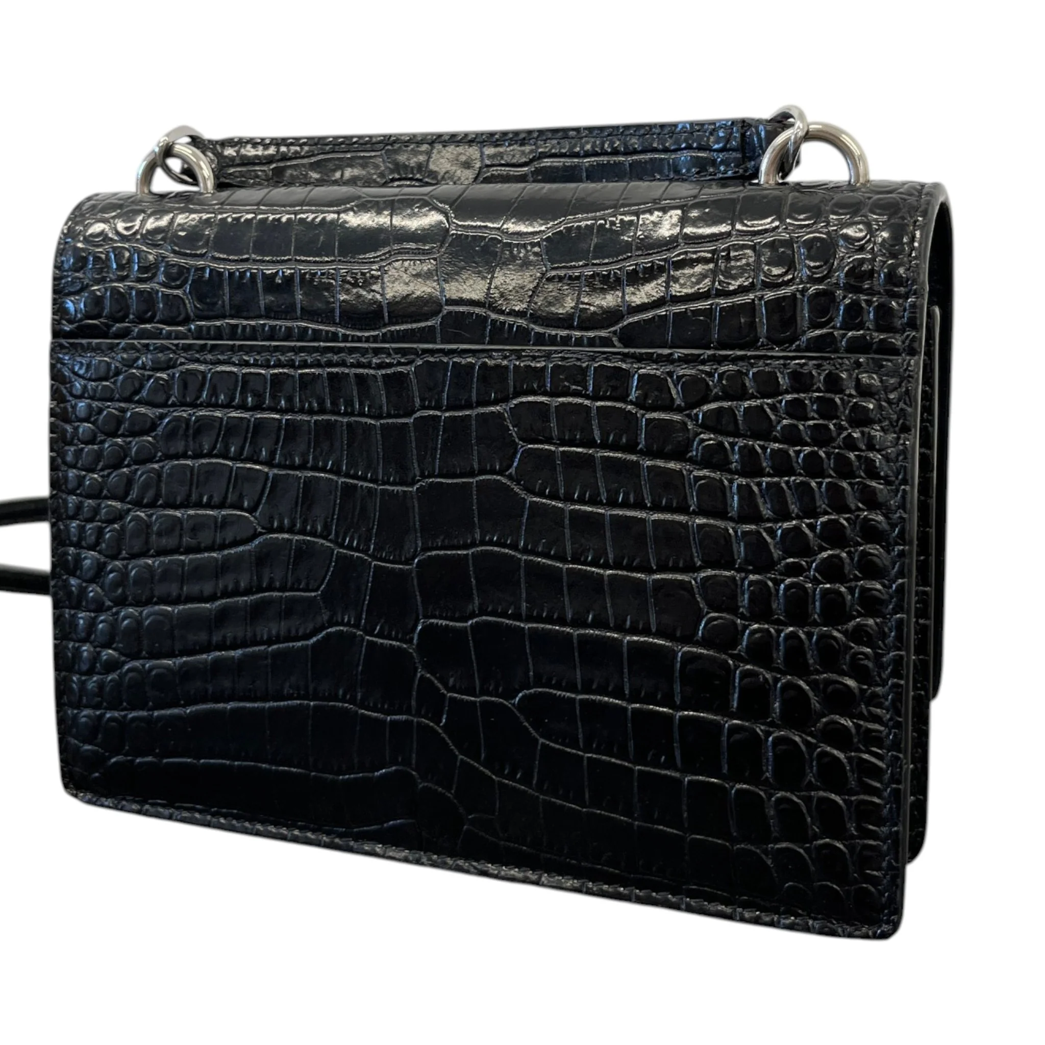 Women's Sunset Small Crocodile Embossed Leather Bag Black - Image 9