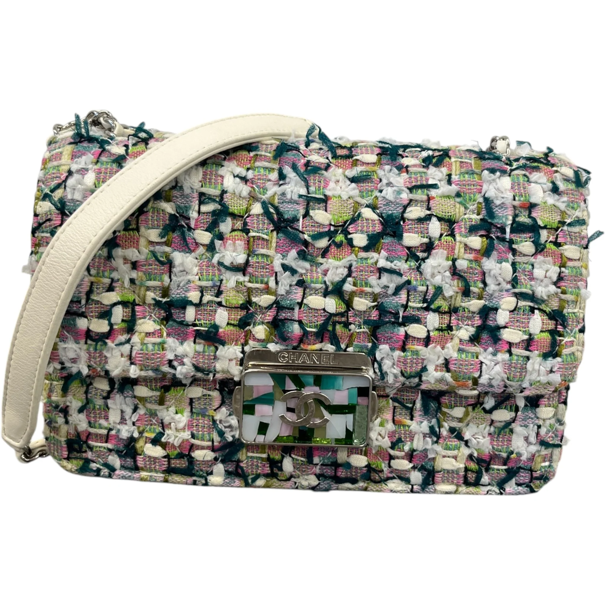 Women's Tweed Beauty Lock Flap Bag White