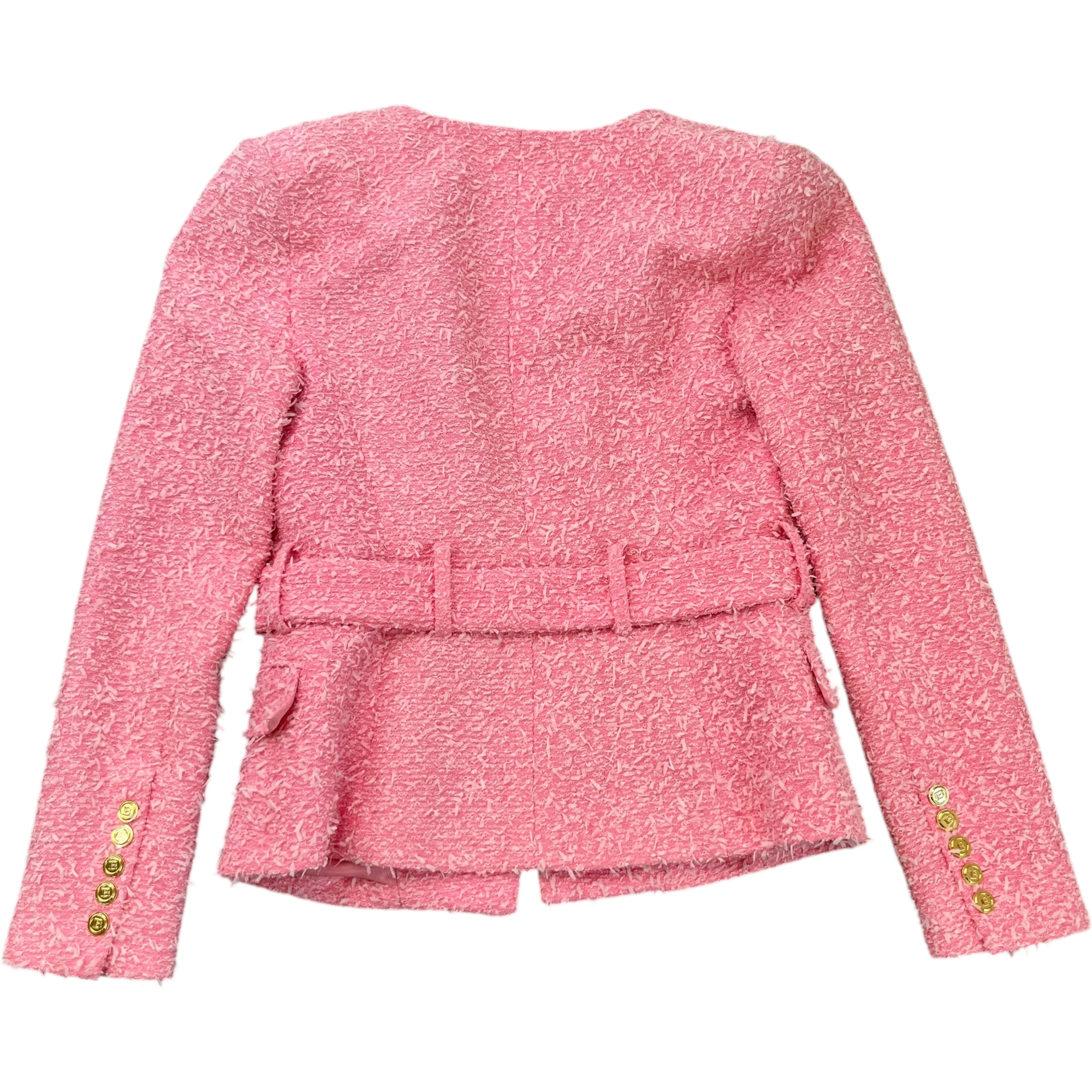 Women's Tweed Collarless Crystal Brooch Logo Jacket Pink Size IT 40 / UK 8 - Image 2